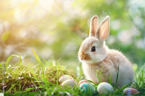 Easter bunny and colorful eggs on nature background. Easter concept.Happy Easter 2024