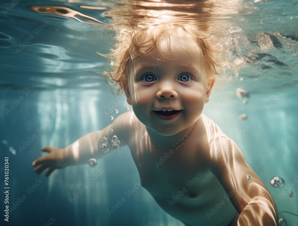 A baby is swimming in the water with bubbles around him