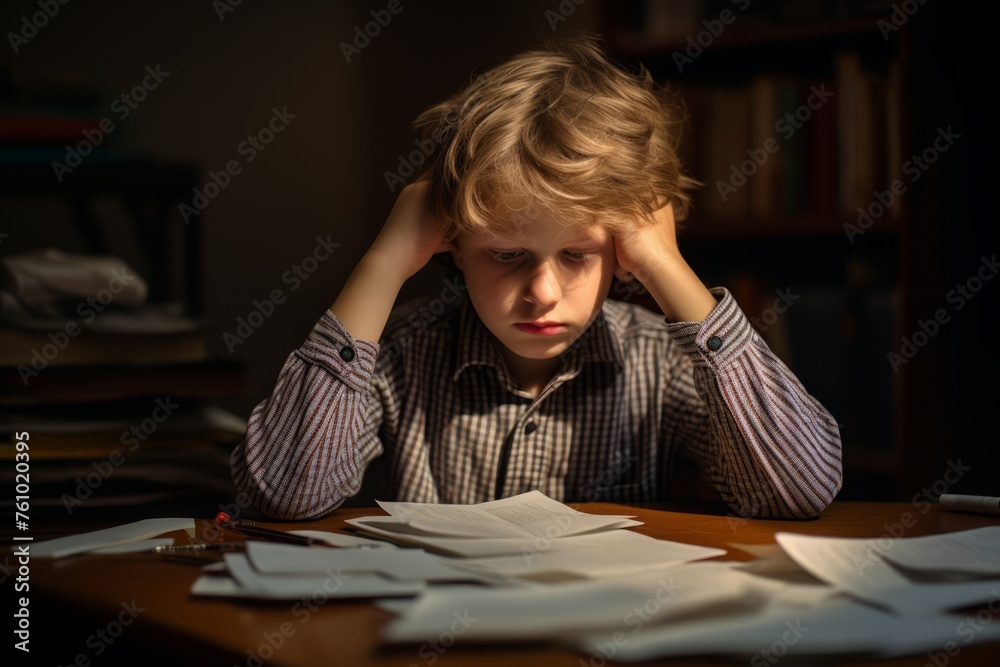 A young boy is sitting at a table with a pile of papers in front of him A young boy is sitting at a table with a pile of papers in front of him