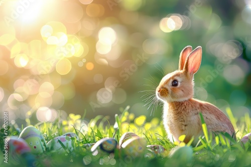 Easter bunny and colorful eggs on nature background. Easter concept.Happy Easter 2024