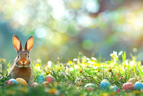 Easter bunny and colorful eggs on nature background. Easter concept.Happy Easter 2024