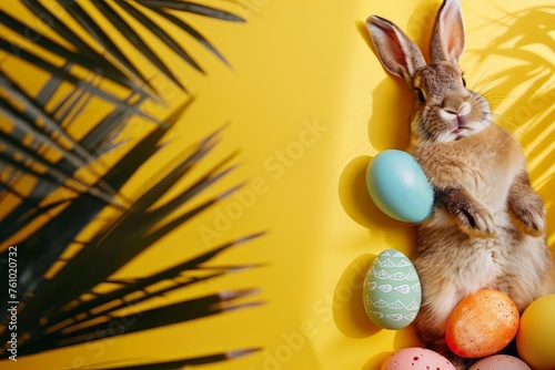 Easter bunny and colorful eggs on yellow background. Easter concept, sunny day