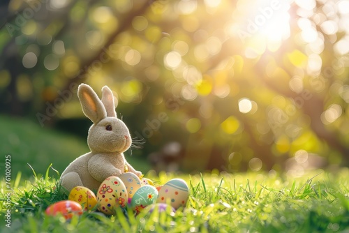 Easter bunny and colorful eggs on nature background. Easter concept.Happy Easter 2024
