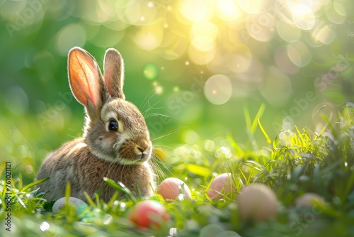Easter bunny and colorful eggs on nature background. Easter concept.Happy Easter 2024