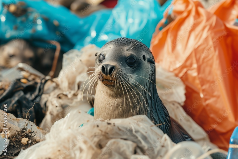 Seal among trash on the beach Seal among trash on the beach