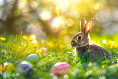 Easter bunny and colorful eggs on nature background. Easter concept.Happy Easter 2024