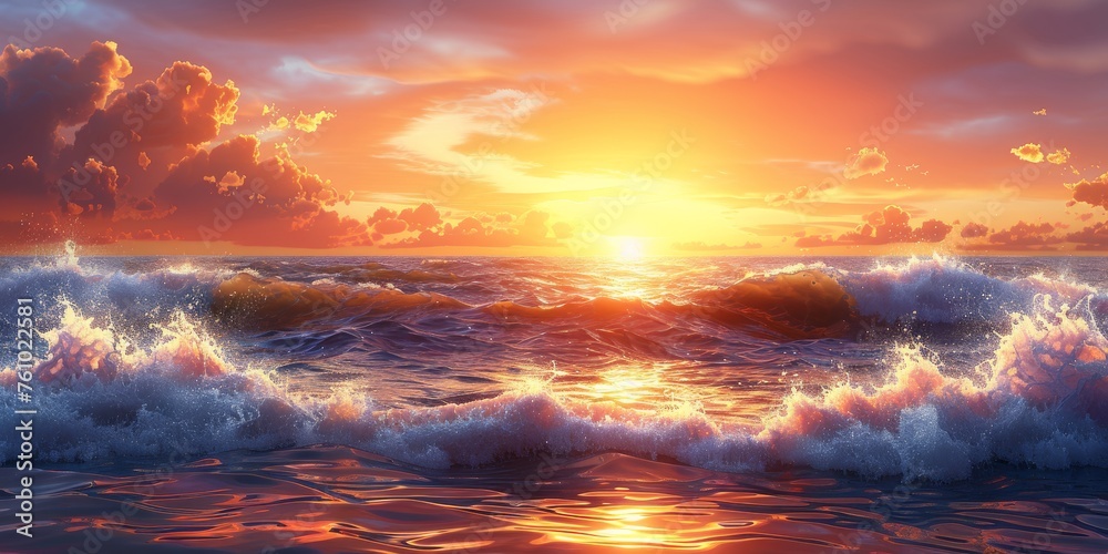 Radiant Sunset over Turbulent Ocean Waves, Reflecting the Fiery Hues of the Sun's Last Light