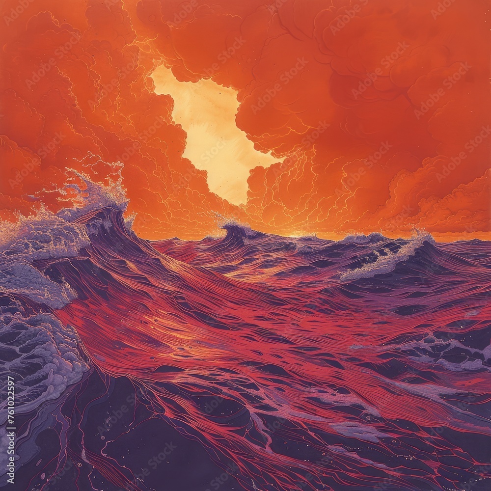 illustrative Ocean Waves in Red and Orange Tones Under a Stormy Sky, a Metaphor for Passion and Intensity