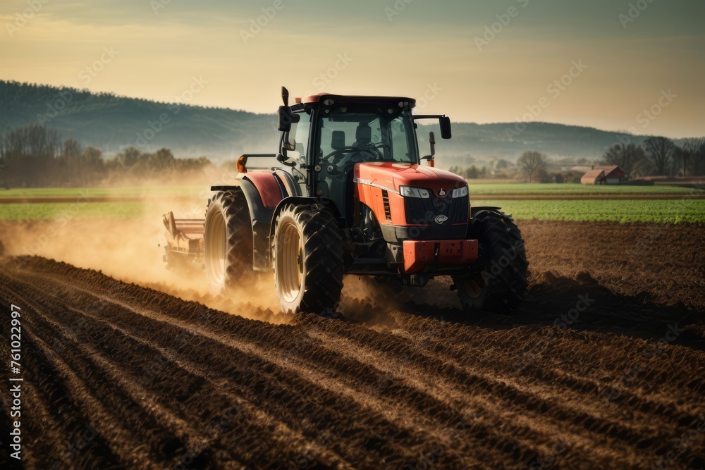 Obraz premium Farmer plow fields with tractor machines, agriculture, farming and harvesting concept