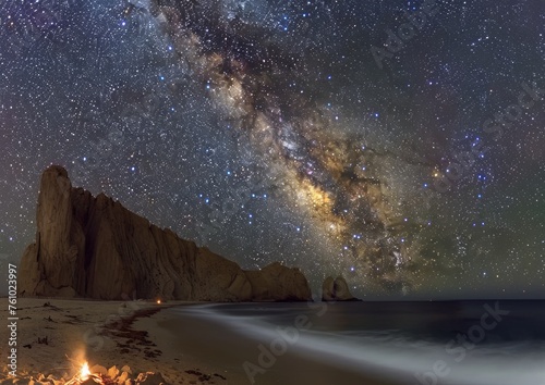 Stunning Milky Way over Rocky Beach and Gentle Sea Waves on a Clear Night