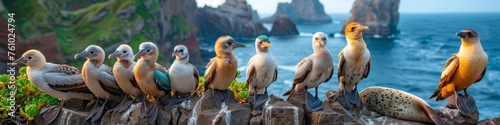 Regal Pelicans Standing Atop Coastal Rocks with a Vivid Seascape and Lush Cliffs in the Background