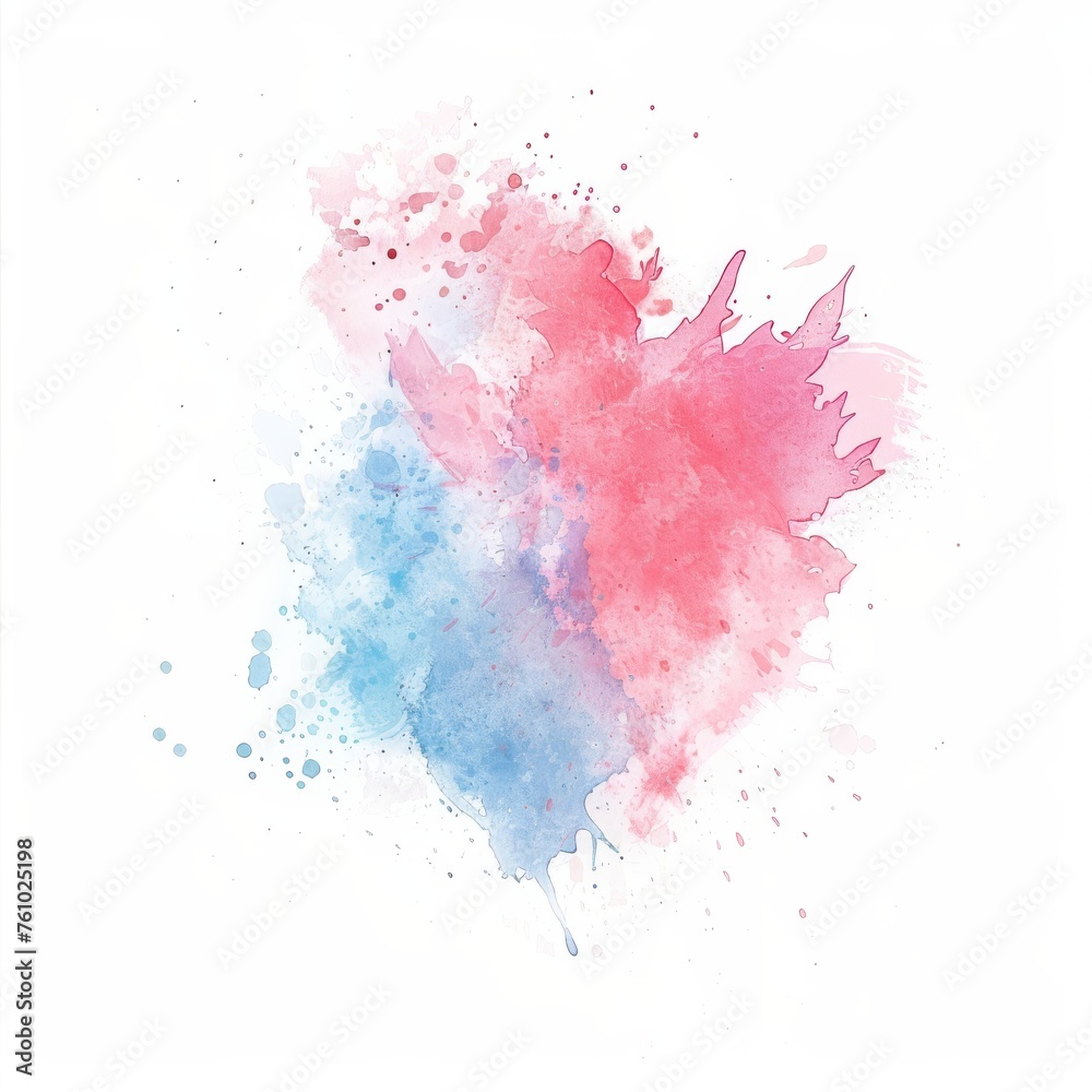 Dreamlike pink and blue watercolor splashes merging on a white canvas, embodying a tranquil fluidity.