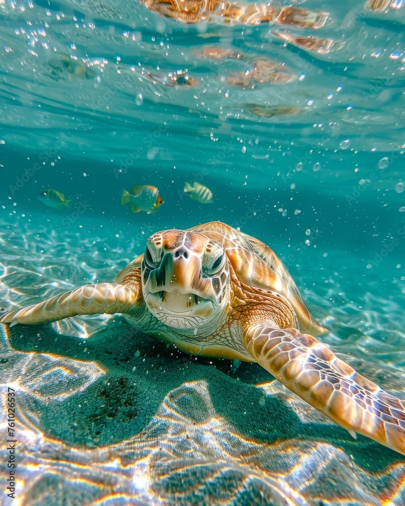 Fototapeta premium Close-up of a friendly sea turtle swimming in clear waters with sunlight piercing through
