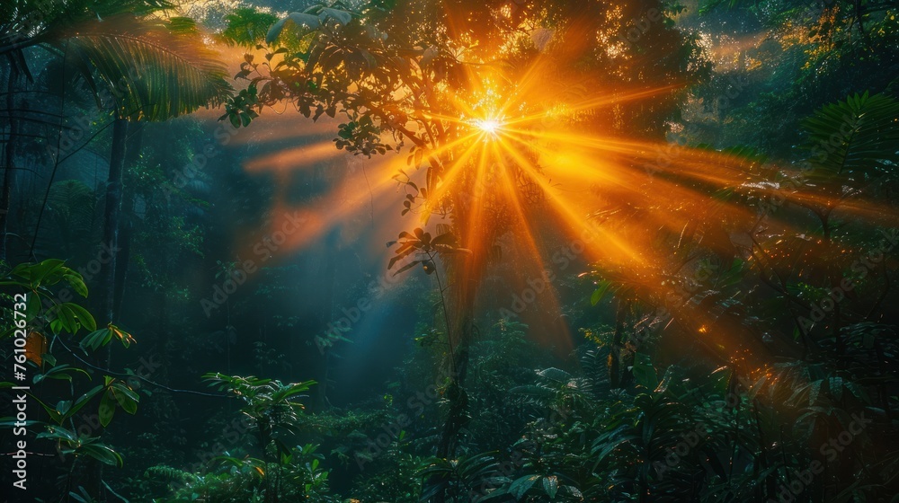 Fototapeta premium Aerial view of sunrise in a misty forest Golden sunset, mist in the mountains, flying over the valley. Green trees, morning mist, rice fields, sunrise over the horizon. beautiful natural landscape
