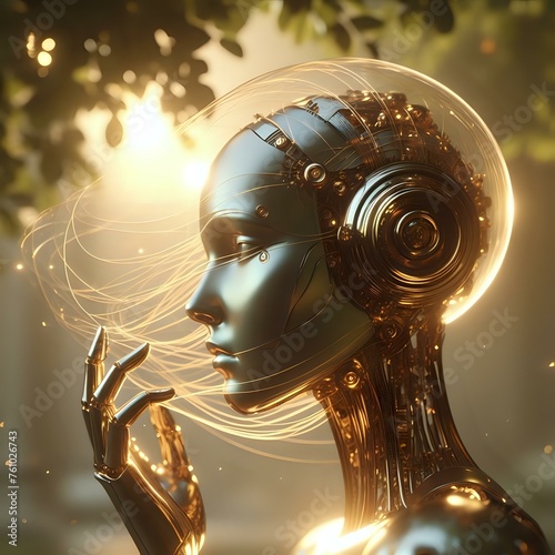 Εκτύπωση καμβά Beautiful cyborg in flower garden symbolizing era of Ai