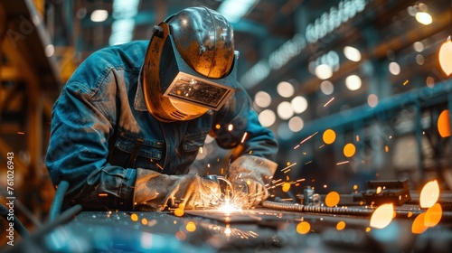 a professional masked welder in uniform working on a metal sculpture at a table in an industrial fabric factory in front of a few other workers.