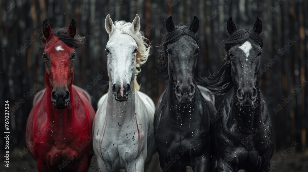 Four horses, white, red, black, and pale. - obrazy, fototapety, plakaty 