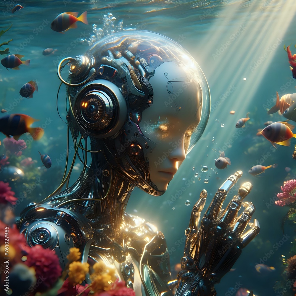 Beautiful cyborg in flower garden symbolizing era of Ai. Artificial intelligence in human life
Beautiful cyborg in flower garden symbolizing era of Ai. Artificial intelligence in human life