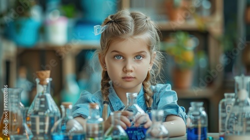 A cute little girl holds a microscope and holds a laboratory flask with a scientist testing water at school as an educational concept