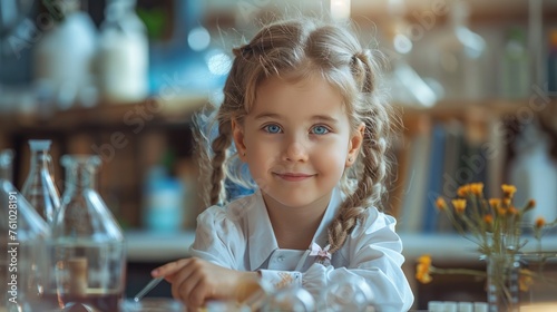 A cute little girl holds a microscope and holds a laboratory flask with a scientist testing water at school as an educational concept