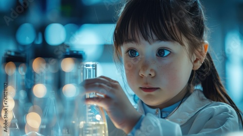 A cute little girl holds a microscope and holds a laboratory flask with a scientist testing water at school as an educational concept
