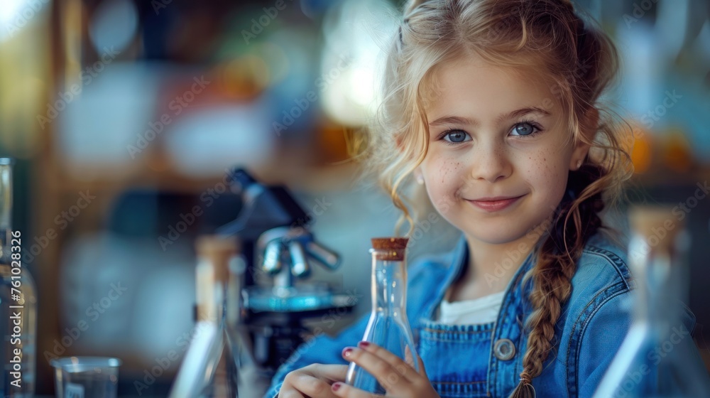 A cute little girl holds a microscope and holds a laboratory flask with a scientist testing water at school as an educational concept A cute little girl holds a microscope and holds a laboratory flask with a scientist testing water at school as an educational concept