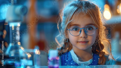 A cute little girl holds a microscope and holds a laboratory flask with a scientist testing water at school as an educational concept