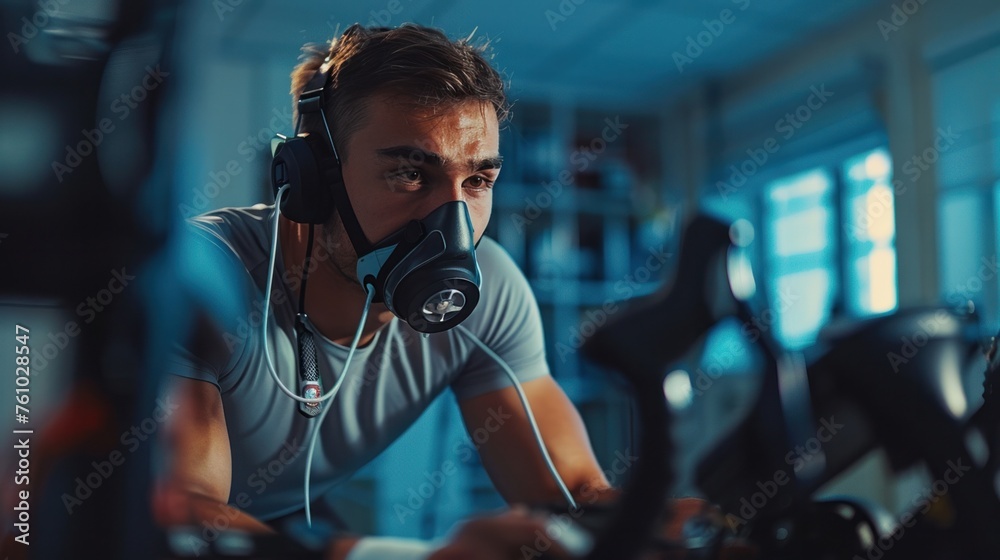 Male athlete wearing a respirator mask and electrodes Practice cycling simulator His cardiovascular system was examined at the doctor's office. - obrazy, fototapety, plakaty 