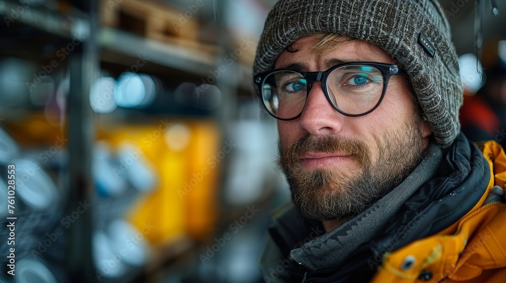 Portrait of a bearded man in a hat and glasses in a warehouse Portrait of a bearded man in a hat and glasses in a warehouse