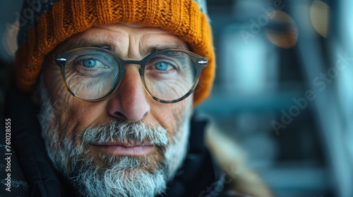 Portrait of a senior man in a warm hat and glasses.