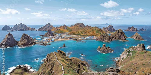 Stunning Panoramic Seascape with Rugged Islands Amidst a Blue Sea with Autumnal Colored Vegetation