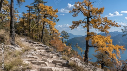 Mountain Pathway with Autumn Trees Overlooking a Valley and Lake in Serene Landscape