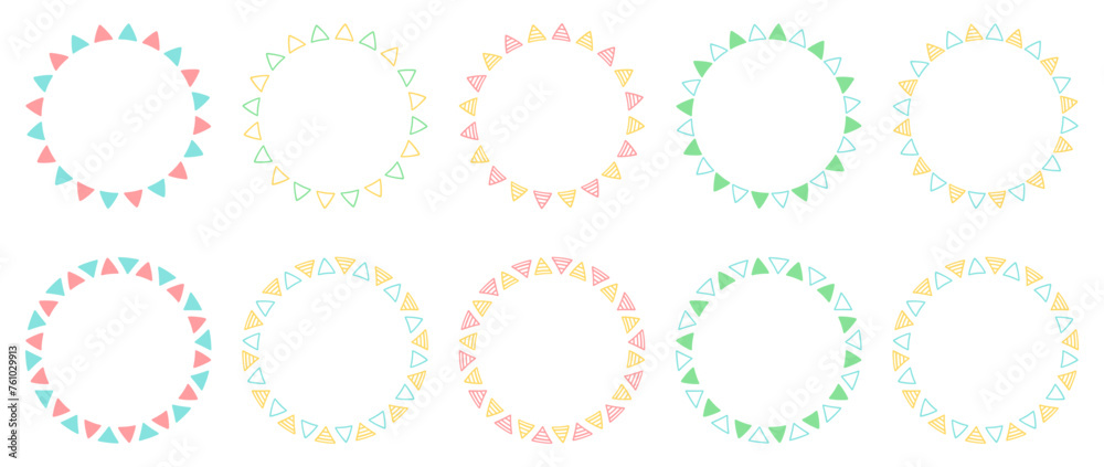 手書きの三角模様の円形フレームセット、三角形のデコレーションフレーム、春の配色