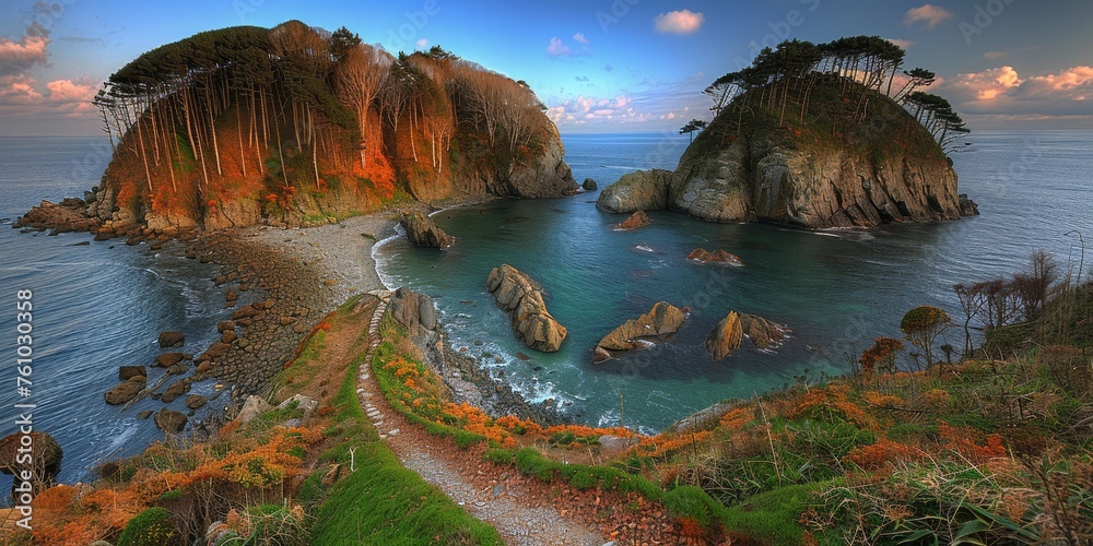 Twilight at a Secluded Cove with Cliffs and a Serene Sea in a Panoramic Landscape