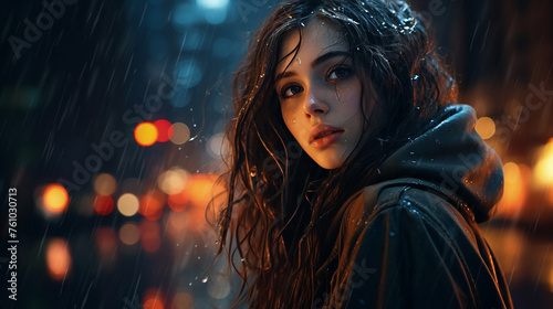 girl at the night city lights during the rain at the city