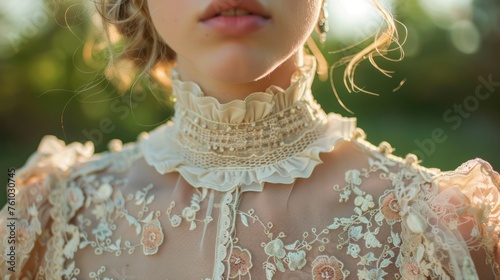 A sleek, Baroque-influenced look with a lace dress accented with floral embroidery and a pleated collar. A romantic atmosphere permeates the country manor's garden.