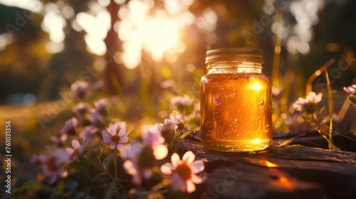 Golden honey in a jar that sparkles in the sunlight. As an antibacterial and anti-inflammatory agent, it is made from the nectar of flowers. photo