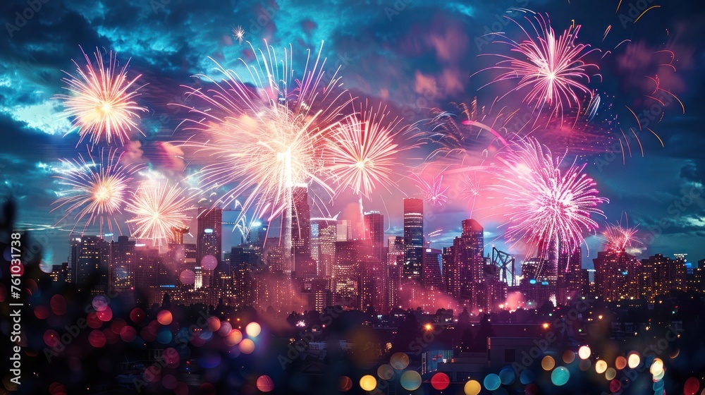 Obraz premium A shot of a city skyline lit up with vibrant colored lights and fireworks bursting in the background as a new year is welcomed.