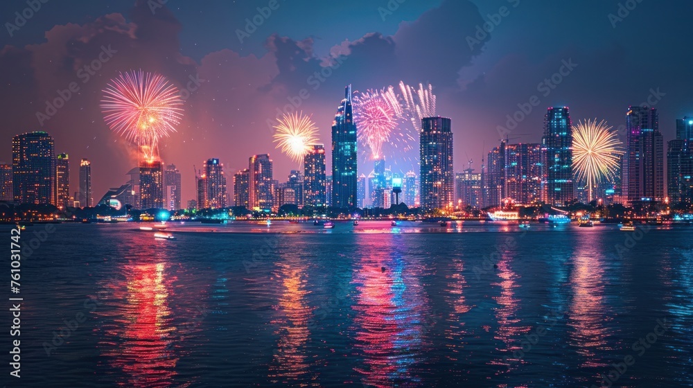 A shot of a city skyline lit up with vibrant colored lights and fireworks bursting in the background as a new year is welcomed.