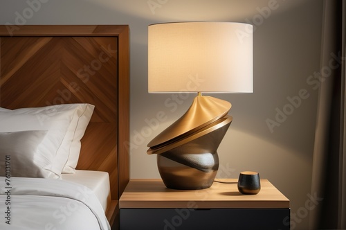 Close up of rustic bedside table lamp near bed with wood headboard .