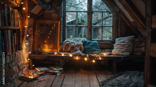 Cozy corner hidden in the attic Complete with a rustic wooden bench  fairy lights and a stack of magazines.
