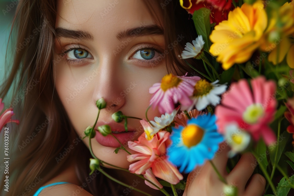 Beautiful young girl with flowers, close-up Beautiful young girl with flowers, close-up