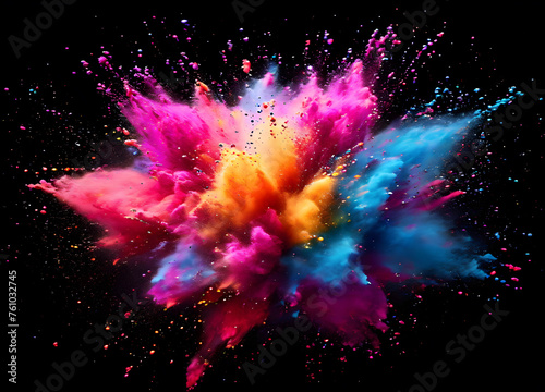 Explosion splash of colorful powder with freeze isolated on background, abstract splatter of colored dust powder, AI generated abstract image.