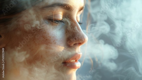 A womans face half covered in steam with a relaxed and rejuvenated expression as she indulges in a deep skincare treatment with a facial steamer.