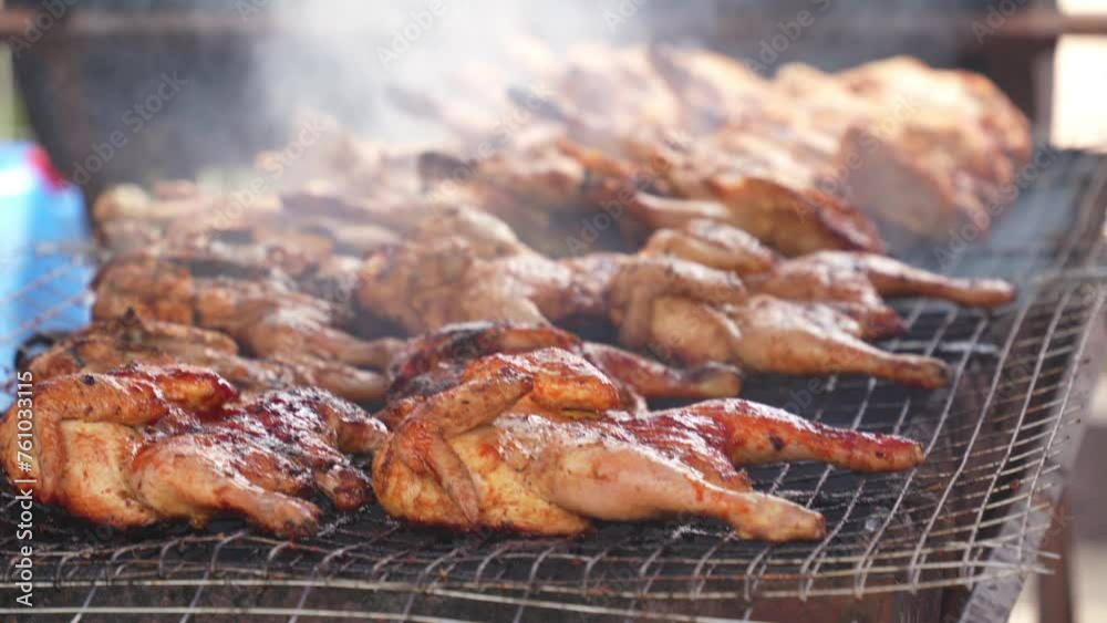 Tasty Honey chicken barbeque grilling on the net. Tasty Honey chicken barbeque grilling on the net.