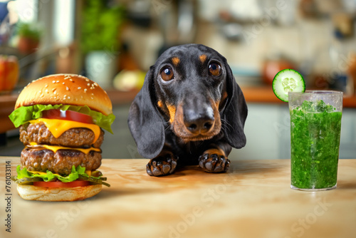 Fotografie Hungry dachshund dog at the table chooses between fast food burger and freshly s