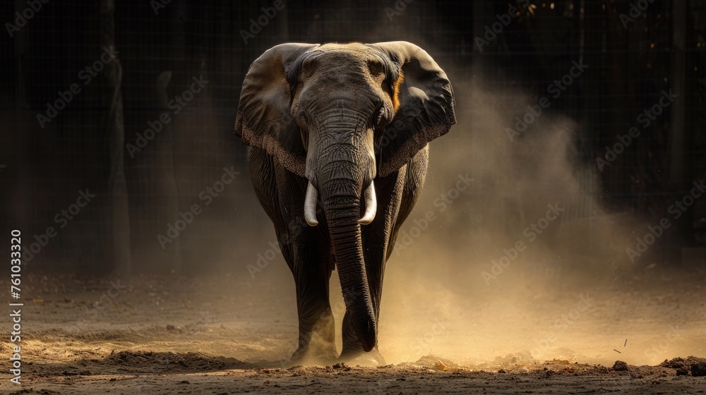 An Asian elephant stands in the center of a dusty enclosure, surrounded by dirt. The large mammal appears calm and observant, its trunk hanging loosely by its side. - obrazy, fototapety, plakaty 