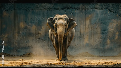 An Asian elephant stands in the center of a dusty enclosure  surrounded by dirt. The large mammal appears calm and observant  its trunk hanging loosely by its side.
