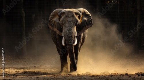 An Asian elephant stands in the center of a dusty enclosure, surrounded by dirt. The large mammal appears calm and observant, its trunk hanging loosely by its side.