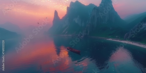 Mystical fjord landscape with pink skies reflected on the water and towering mountains enveloping a solitary boat